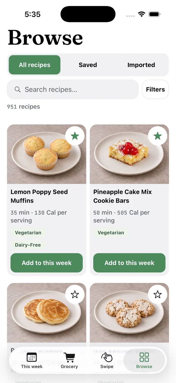 Browse screen with photo recipe tiles, Saved and Imported tabs, and Add to this week buttons