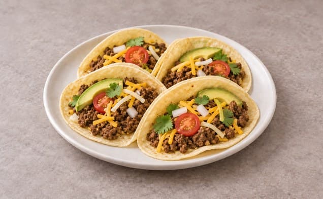 A serving of ground beef street tacos on a plain white dish