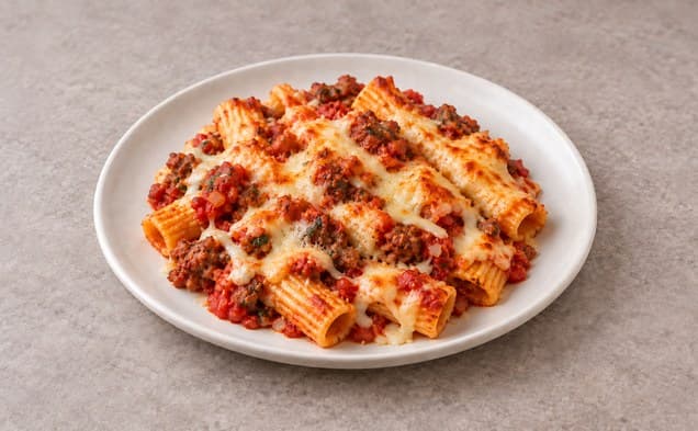 A serving of baked rigatoni with sausage on a plain white dish