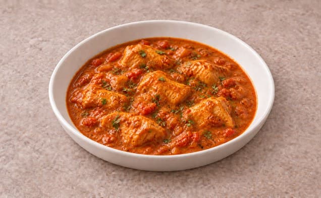 A serving of chicken tikka masala on a plain white dish